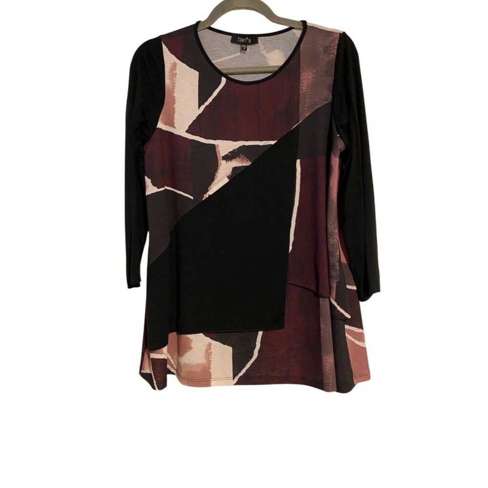 Comfy USA Women's S Multicolor Tunic Top 3/4 Sleeve Layered Look Boho Lagenlook